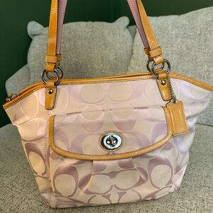 Coach Pink Signature Canvas Shoulder Bag with Tan Trim